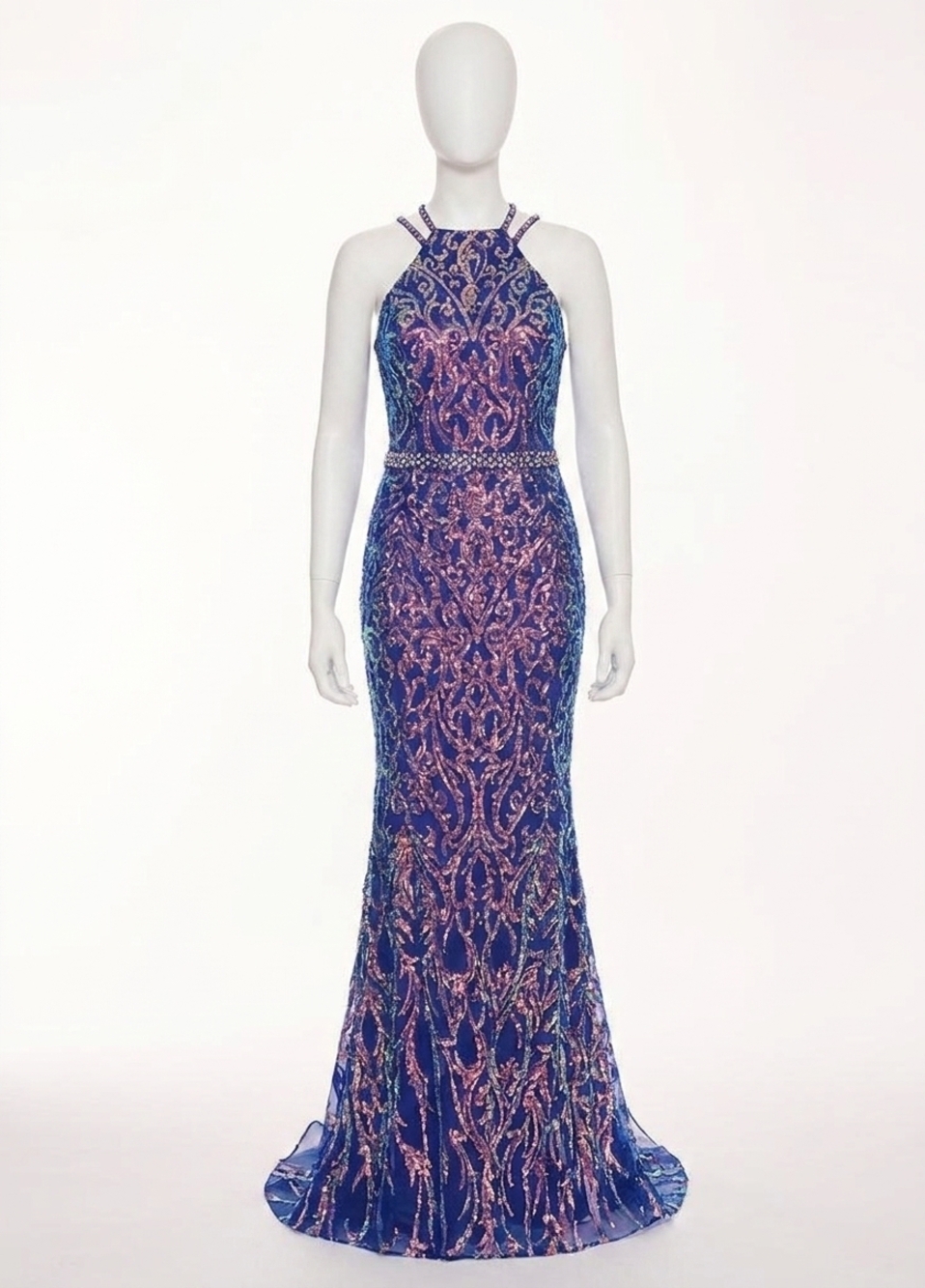 NEW RACHEL ALLAN sequin halter neck prom gown in indigo iridescent